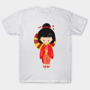 Japanese Girl, Japan, Cute Girl, Red Kimono T-Shirt